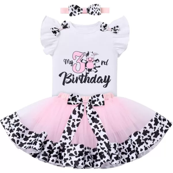 imageIDOPIP Ladybug Cow Bee 1st Birthday Outfit for Baby Girls Flutter Sleeves Romper Tutu Skirt Headband Bowknot Dress up CostumePink Cow  3rd Birthday