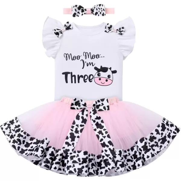 imageIDOPIP Ladybug Cow Bee 1st Birthday Outfit for Baby Girls Flutter Sleeves Romper Tutu Skirt Headband Bowknot Dress up CostumePink Cow  Three