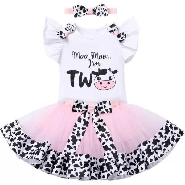 imageIDOPIP Ladybug Cow Bee 1st Birthday Outfit for Baby Girls Flutter Sleeves Romper Tutu Skirt Headband Bowknot Dress up CostumePink Cow  Two