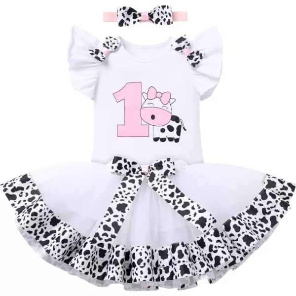 imageIDOPIP Ladybug Cow Bee 1st Birthday Outfit for Baby Girls Flutter Sleeves Romper Tutu Skirt Headband Bowknot Dress up CostumeWhite Cow  Bow