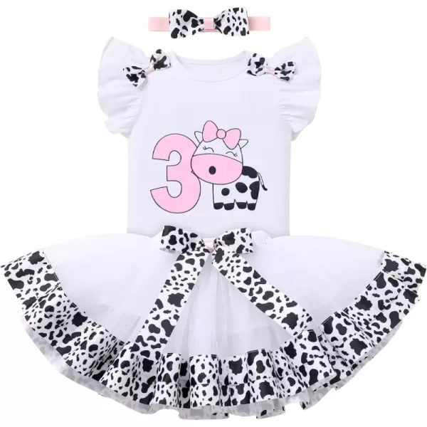 imageIDOPIP Ladybug Cow Bee 1st Birthday Outfit for Baby Girls Flutter Sleeves Romper Tutu Skirt Headband Bowknot Dress up CostumeWhite Cow  No3