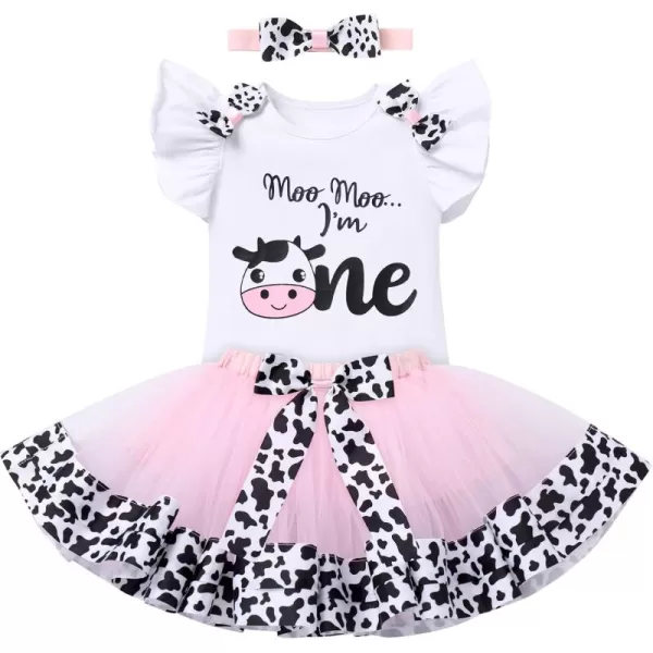 imageIDOPIP Ladybug Cow Bee 1st Birthday Outfit for Baby Girls Flutter Sleeves Romper Tutu Skirt Headband Bowknot Dress up CostumeWhite Cow  One