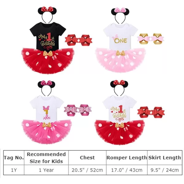 image1st Birthday Girl Outfit Baby Mini Mouse Costume Polka Dot Bow Romper Tutu Skirt Headband Sequins Barefoot Santdals 4PCS Clothes for Cake Smash Photo Shoot Party Supplies Hot Pink  One 1 Year