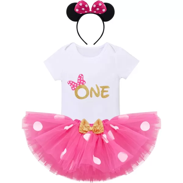 image1st Birthday Girl Outfit Baby Mini Mouse Costume Polka Dot Bow Romper Tutu Skirt Headband Sequins Barefoot Santdals 4PCS Clothes for Cake Smash Photo Shoot Party Supplies Hot Pink  One 1 Year