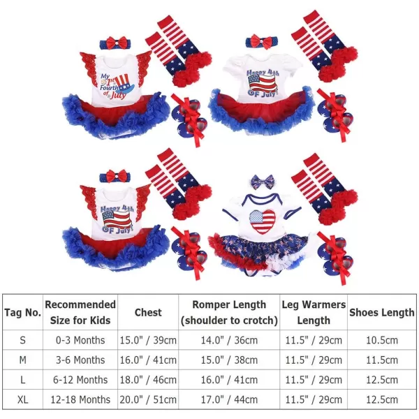 imageBaby Girls 1st 4th of July Outfit American Flag Romper Stars Striped Tutu Dress Skirt  Headband  Leg Warmers  Shoes Independence day Patriotic Party Birthday Cake Smash Clothes 4pcs Set White 612M