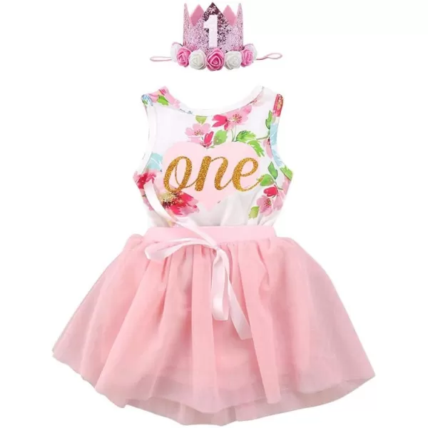 imageBaby Girls 1st Birthday Outfit Floral One Heart Romper Tutu Skirt Sequins Headband Party Dress Cake Smash Clothes Set