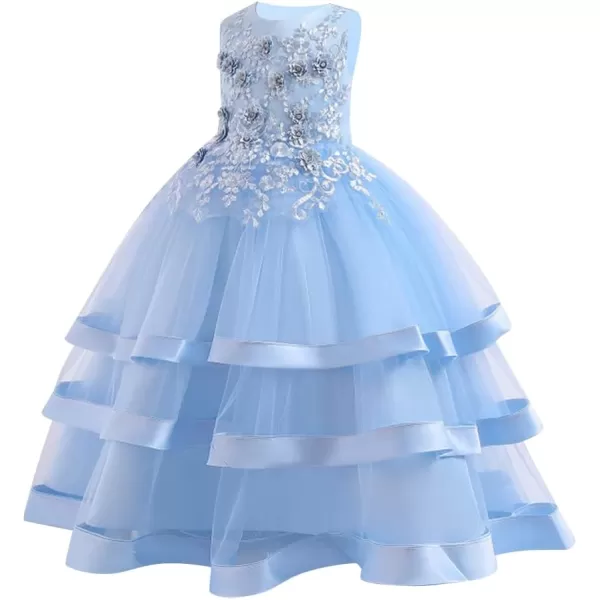 imageFlower Girl Lace Dress for Kids Wedding Bridesmaid Pageant Formal Long Prom Gown Princess Communion Puffy Tulle DressesLight Blue