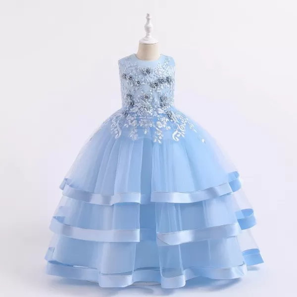 imageFlower Girl Lace Dress for Kids Wedding Bridesmaid Pageant Formal Long Prom Gown Princess Communion Puffy Tulle DressesLight Blue