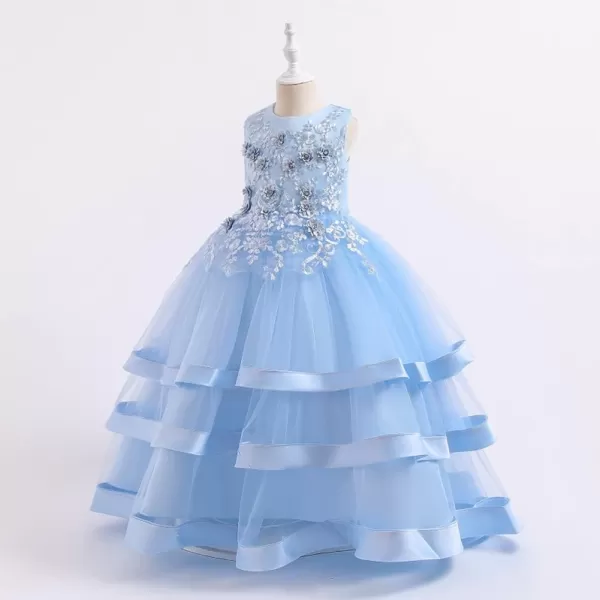 imageFlower Girl Lace Dress for Kids Wedding Bridesmaid Pageant Formal Long Prom Gown Princess Communion Puffy Tulle DressesLight Blue