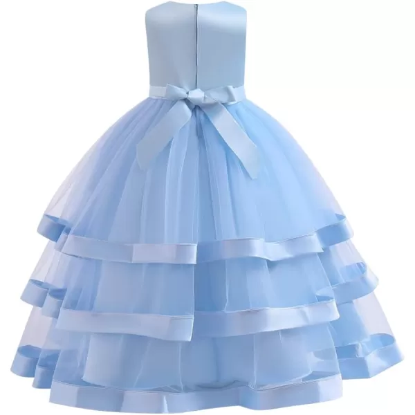 imageFlower Girl Lace Dress for Kids Wedding Bridesmaid Pageant Formal Long Prom Gown Princess Communion Puffy Tulle DressesLight Blue