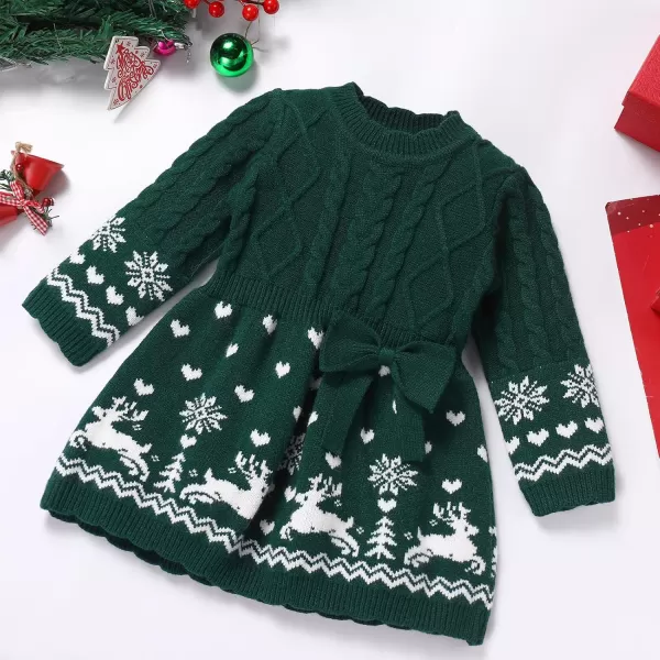 imageIDOPIP Infant Girls Knit Sweater Dress Christmas Crochet Pullover Dress Toddler Winter Long Sleeve Ribbed Reindeer Tutu DressGreen