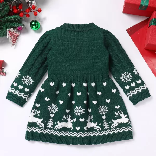 imageIDOPIP Infant Girls Knit Sweater Dress Christmas Crochet Pullover Dress Toddler Winter Long Sleeve Ribbed Reindeer Tutu DressGreen