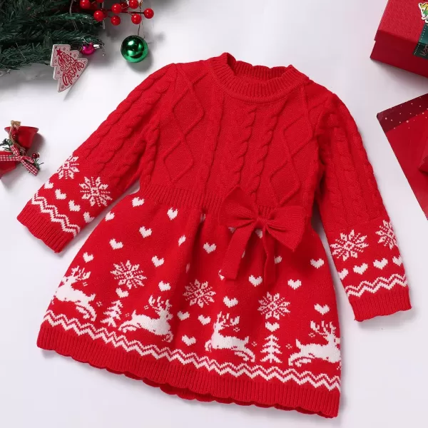 imageIDOPIP Infant Girls Knit Sweater Dress Christmas Crochet Pullover Dress Toddler Winter Long Sleeve Ribbed Reindeer Tutu DressRed