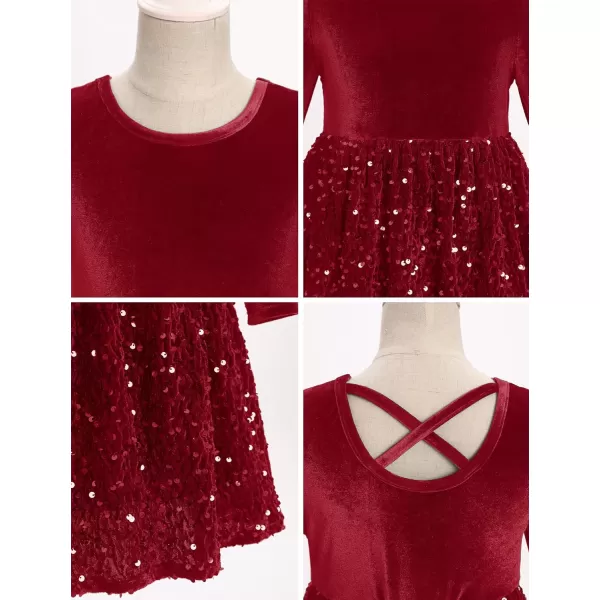 imageIDOPIP Sequin Velvet Dress for Girls Toddler Baby Long Sleeve Fall Dresses Princess Christmas Birthday Party Sparkly DressesDark Red