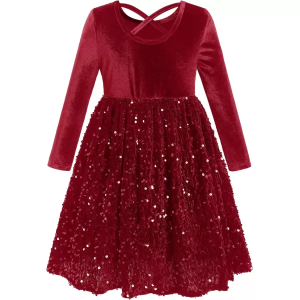 imageIDOPIP Sequin Velvet Dress for Girls Toddler Baby Long Sleeve Fall Dresses Princess Christmas Birthday Party Sparkly DressesDark Red