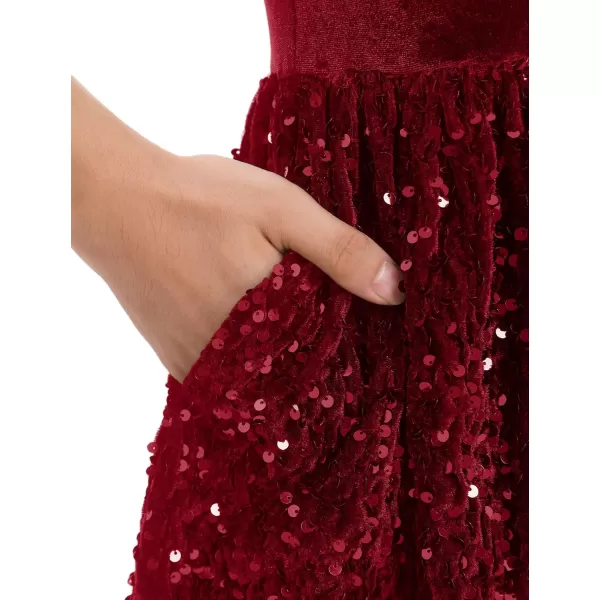 imageIDOPIP Sequin Velvet Dress for Girls Toddler Baby Long Sleeve Fall Dresses Princess Christmas Birthday Party Sparkly DressesDark Red