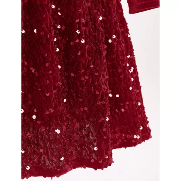 imageIDOPIP Sequin Velvet Dress for Girls Toddler Baby Long Sleeve Fall Dresses Princess Christmas Birthday Party Sparkly DressesDark Red