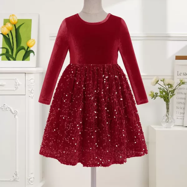 imageIDOPIP Sequin Velvet Dress for Girls Toddler Baby Long Sleeve Fall Dresses Princess Christmas Birthday Party Sparkly DressesDark Red