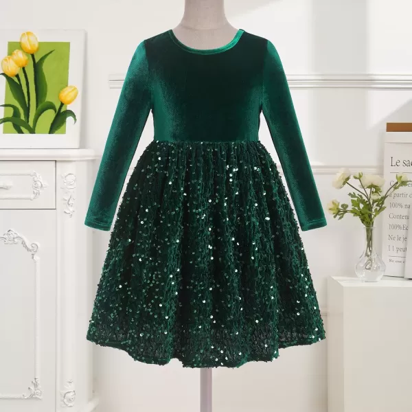 imageIDOPIP Sequin Velvet Dress for Girls Toddler Baby Long Sleeve Fall Dresses Princess Christmas Birthday Party Sparkly DressesGreen