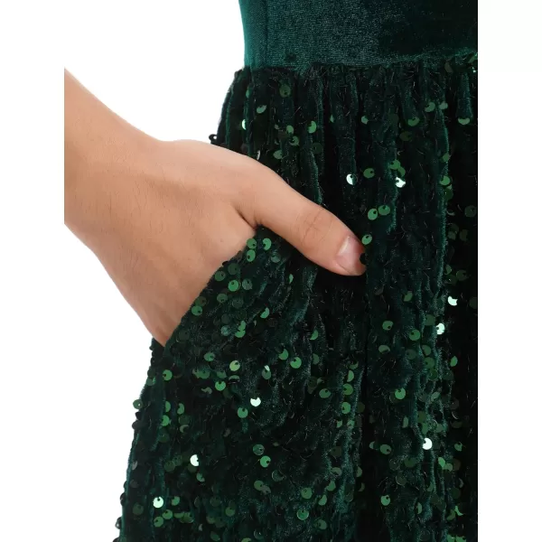 imageIDOPIP Sequin Velvet Dress for Girls Toddler Baby Long Sleeve Fall Dresses Princess Christmas Birthday Party Sparkly DressesGreen