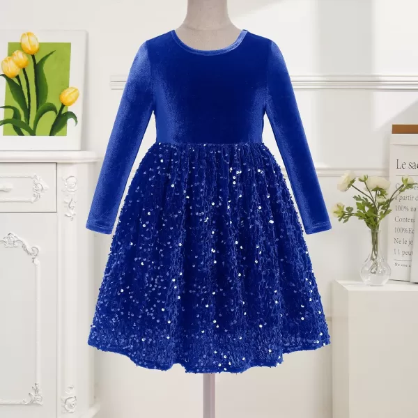 imageIDOPIP Sequin Velvet Dress for Girls Toddler Baby Long Sleeve Fall Dresses Princess Christmas Birthday Party Sparkly DressesRoyal Blue