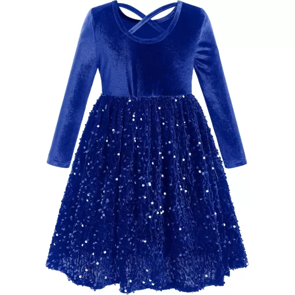 imageIDOPIP Sequin Velvet Dress for Girls Toddler Baby Long Sleeve Fall Dresses Princess Christmas Birthday Party Sparkly DressesRoyal Blue