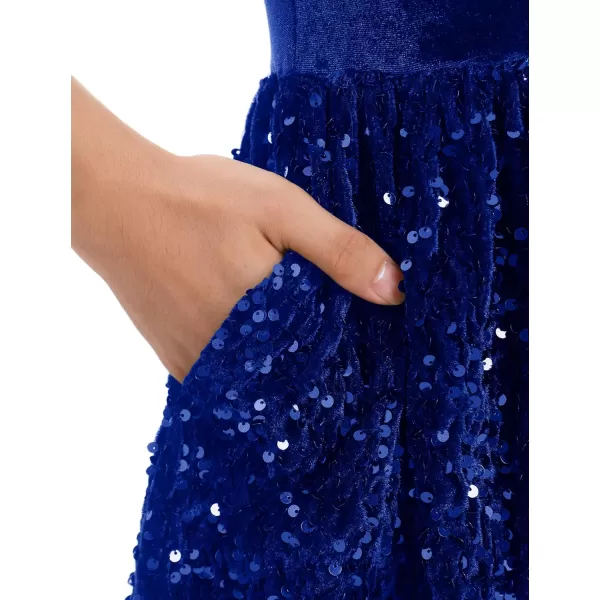 imageIDOPIP Sequin Velvet Dress for Girls Toddler Baby Long Sleeve Fall Dresses Princess Christmas Birthday Party Sparkly DressesRoyal Blue