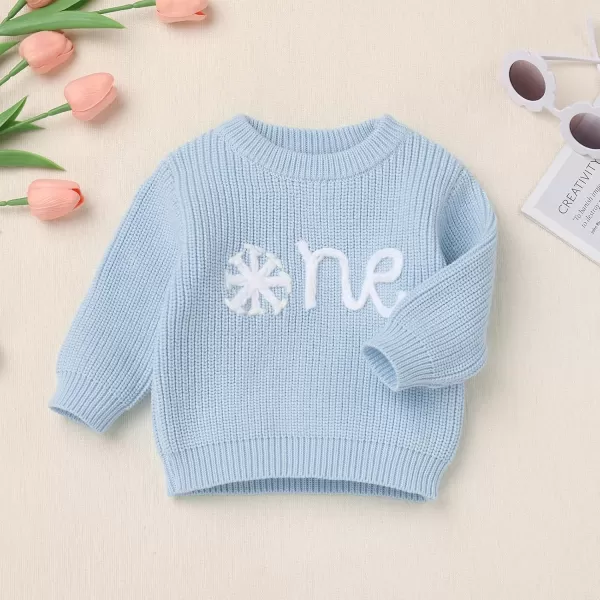 imageIDOPIP Toddler Baby Girls First Birthday Outfit Boho Embroidery One Sweater Top Knit Pullover Sweatshirt Fall Winter ClothesBlue One  Snowflake