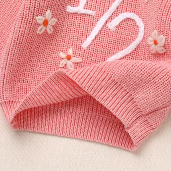 imageIDOPIP Toddler Baby Girls First Birthday Outfit Boho Embroidery One Sweater Top Knit Pullover Sweatshirt Fall Winter ClothesPink 12  Flower