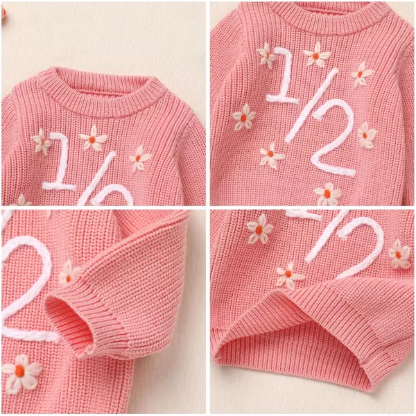 imageIDOPIP Toddler Baby Girls First Birthday Outfit Boho Embroidery One Sweater Top Knit Pullover Sweatshirt Fall Winter ClothesPink 12  Flower