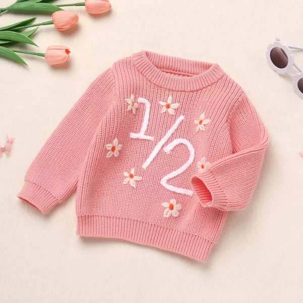 imageIDOPIP Toddler Baby Girls First Birthday Outfit Boho Embroidery One Sweater Top Knit Pullover Sweatshirt Fall Winter ClothesPink 12  Flower
