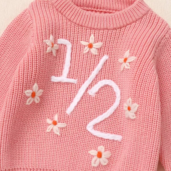 imageIDOPIP Toddler Baby Girls First Birthday Outfit Boho Embroidery One Sweater Top Knit Pullover Sweatshirt Fall Winter ClothesPink 12  Flower