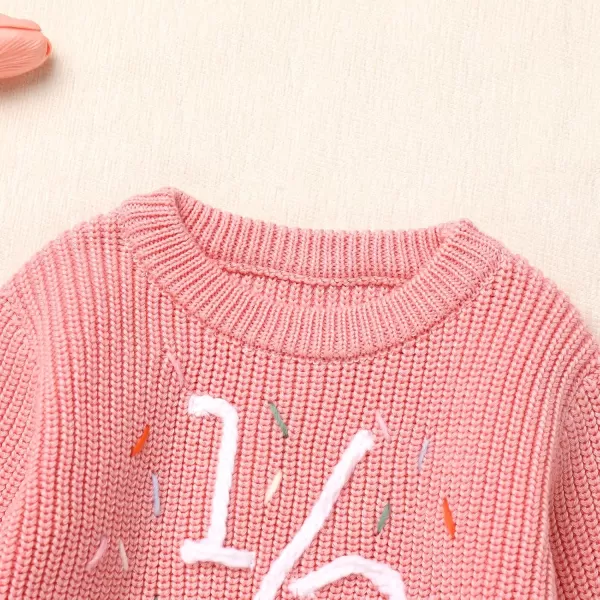 imageIDOPIP Toddler Baby Girls First Birthday Outfit Boho Embroidery One Sweater Top Knit Pullover Sweatshirt Fall Winter ClothesPink 12