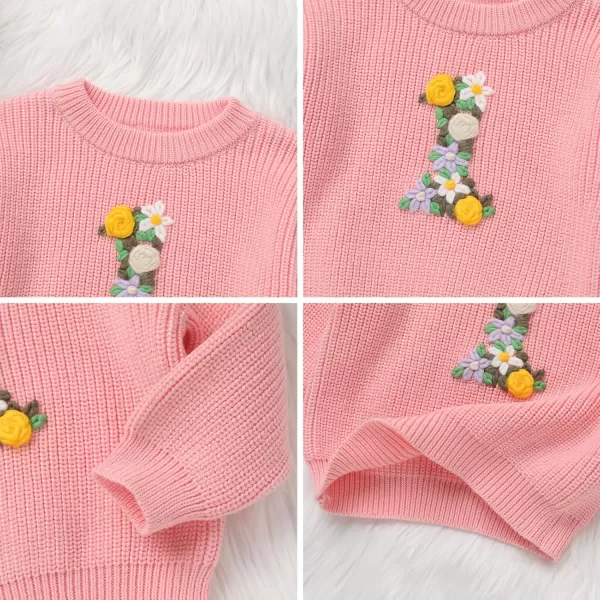 imageIDOPIP Toddler Baby Girls First Birthday Outfit Boho Embroidery One Sweater Top Knit Pullover Sweatshirt Fall Winter ClothesPink 1st  Flower