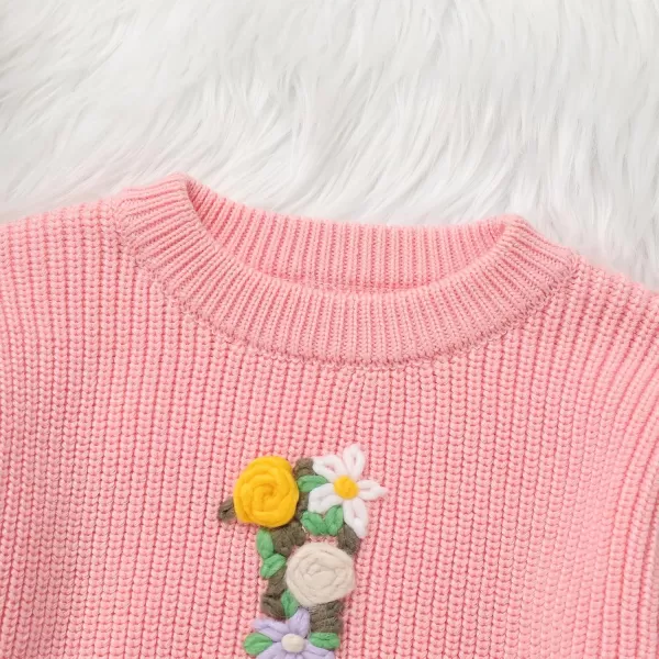 imageIDOPIP Toddler Baby Girls First Birthday Outfit Boho Embroidery One Sweater Top Knit Pullover Sweatshirt Fall Winter ClothesPink 1st  Flower