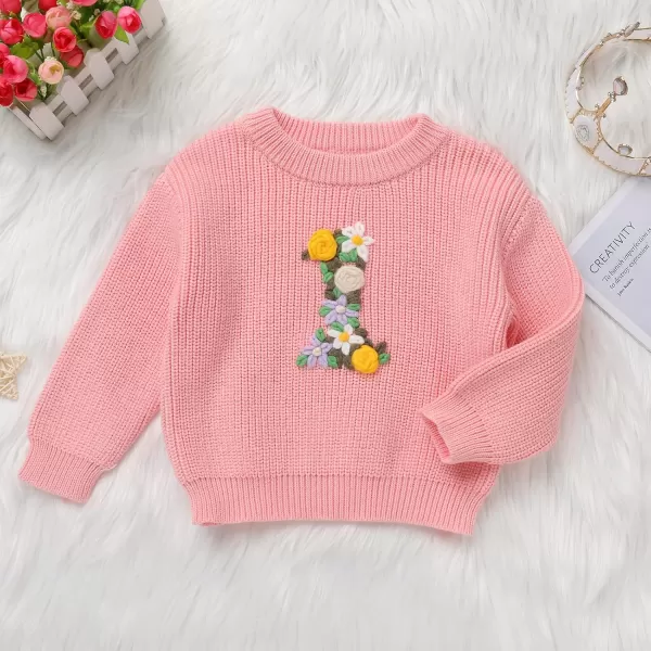 imageIDOPIP Toddler Baby Girls First Birthday Outfit Boho Embroidery One Sweater Top Knit Pullover Sweatshirt Fall Winter ClothesPink 1st  Flower
