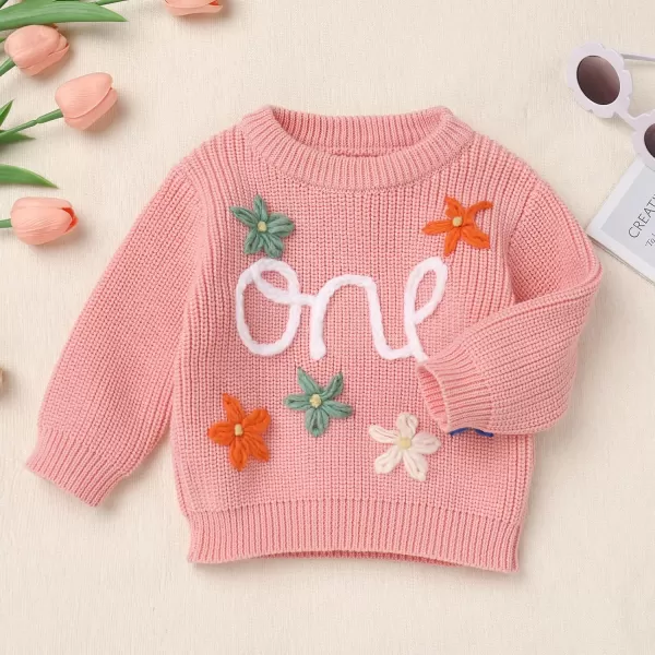 imageIDOPIP Toddler Baby Girls First Birthday Outfit Boho Embroidery One Sweater Top Knit Pullover Sweatshirt Fall Winter ClothesPink One  Flower