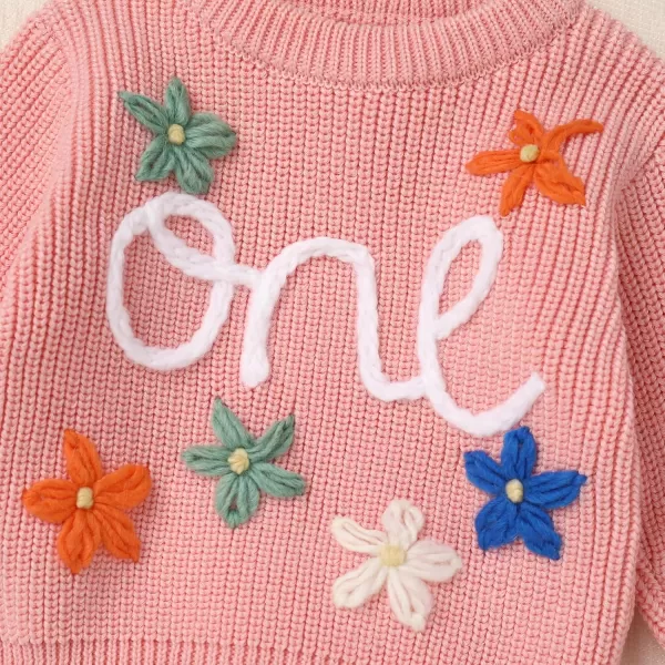 imageIDOPIP Toddler Baby Girls First Birthday Outfit Boho Embroidery One Sweater Top Knit Pullover Sweatshirt Fall Winter ClothesPink One  Flower