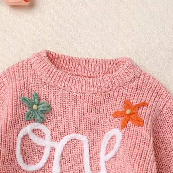 imageIDOPIP Toddler Baby Girls First Birthday Outfit Boho Embroidery One Sweater Top Knit Pullover Sweatshirt Fall Winter ClothesPink One  Flower