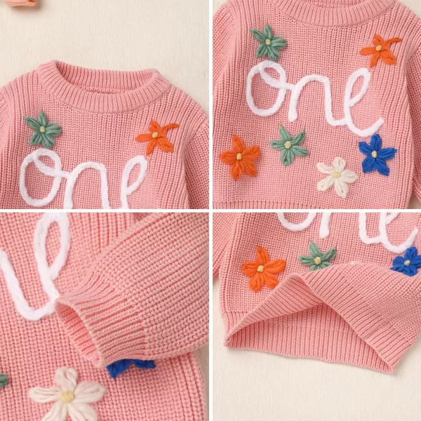 imageIDOPIP Toddler Baby Girls First Birthday Outfit Boho Embroidery One Sweater Top Knit Pullover Sweatshirt Fall Winter ClothesPink One  Flower