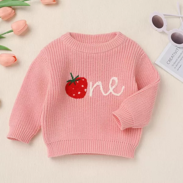 imageIDOPIP Toddler Baby Girls First Birthday Outfit Boho Embroidery One Sweater Top Knit Pullover Sweatshirt Fall Winter ClothesPink One  Strawberry