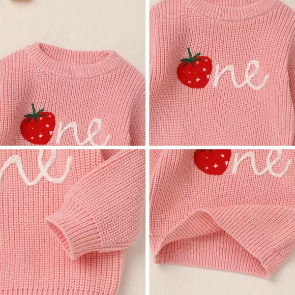 imageIDOPIP Toddler Baby Girls First Birthday Outfit Boho Embroidery One Sweater Top Knit Pullover Sweatshirt Fall Winter ClothesPink One  Strawberry