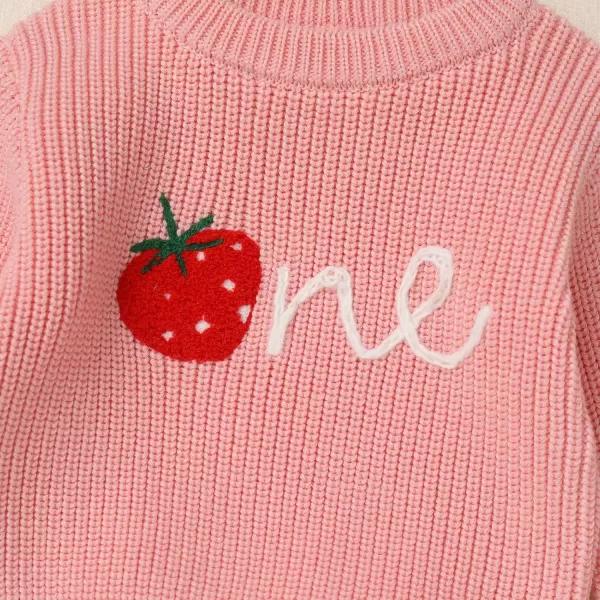 imageIDOPIP Toddler Baby Girls First Birthday Outfit Boho Embroidery One Sweater Top Knit Pullover Sweatshirt Fall Winter ClothesPink One  Strawberry