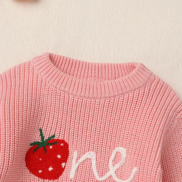imageIDOPIP Toddler Baby Girls First Birthday Outfit Boho Embroidery One Sweater Top Knit Pullover Sweatshirt Fall Winter ClothesPink One  Strawberry