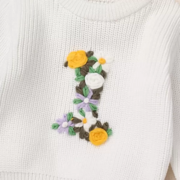 imageIDOPIP Toddler Baby Girls First Birthday Outfit Boho Embroidery One Sweater Top Knit Pullover Sweatshirt Fall Winter ClothesWhite 1st  Flower