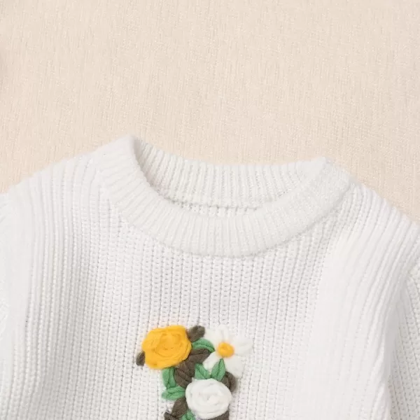 imageIDOPIP Toddler Baby Girls First Birthday Outfit Boho Embroidery One Sweater Top Knit Pullover Sweatshirt Fall Winter ClothesWhite 1st  Flower