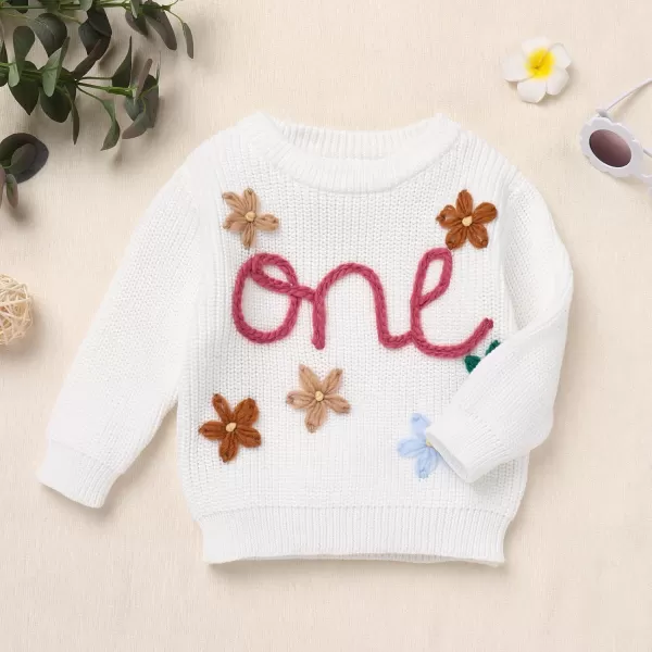 imageIDOPIP Toddler Baby Girls First Birthday Outfit Boho Embroidery One Sweater Top Knit Pullover Sweatshirt Fall Winter ClothesWhite One  Flower