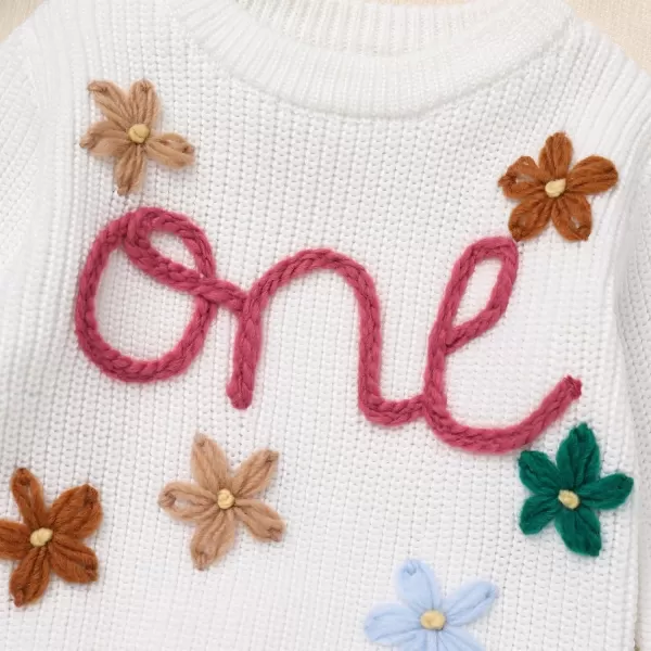 imageIDOPIP Toddler Baby Girls First Birthday Outfit Boho Embroidery One Sweater Top Knit Pullover Sweatshirt Fall Winter ClothesWhite One  Flower