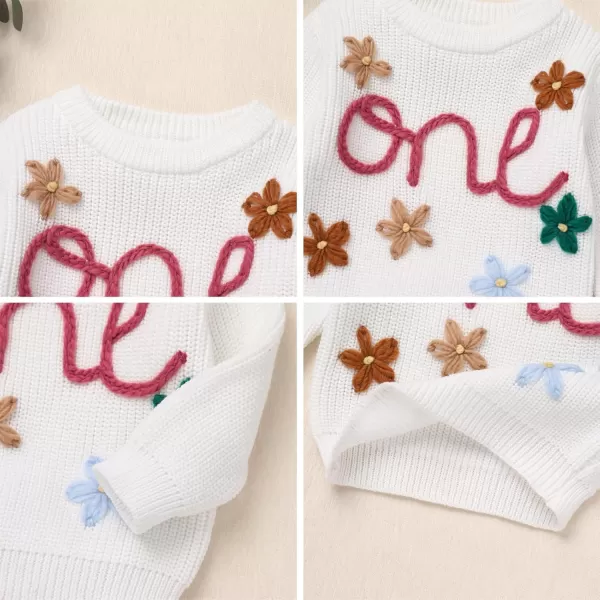 imageIDOPIP Toddler Baby Girls First Birthday Outfit Boho Embroidery One Sweater Top Knit Pullover Sweatshirt Fall Winter ClothesWhite One  Flower