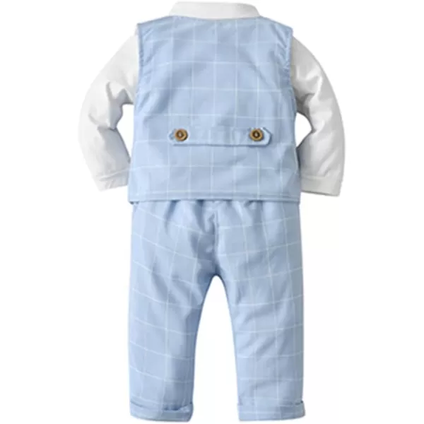 imageIDOPIP Toddler Kids Baby Boys Fall Winter Outfits Long Sleeve Shirt with Bowtie  Vest Waistcoat Long Pants Overalls ClothesBlue Plaid